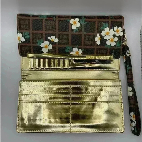 Steve Madden Logo Bar Trifold Floral Print Wallet Wristlet Clutch Brown Boho Fun - Picture 5 of 8